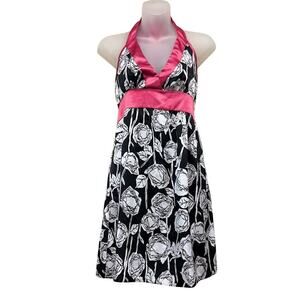 Vintage Wet Seal Black White Pink Floral Satin Halter Mini Dress Size S